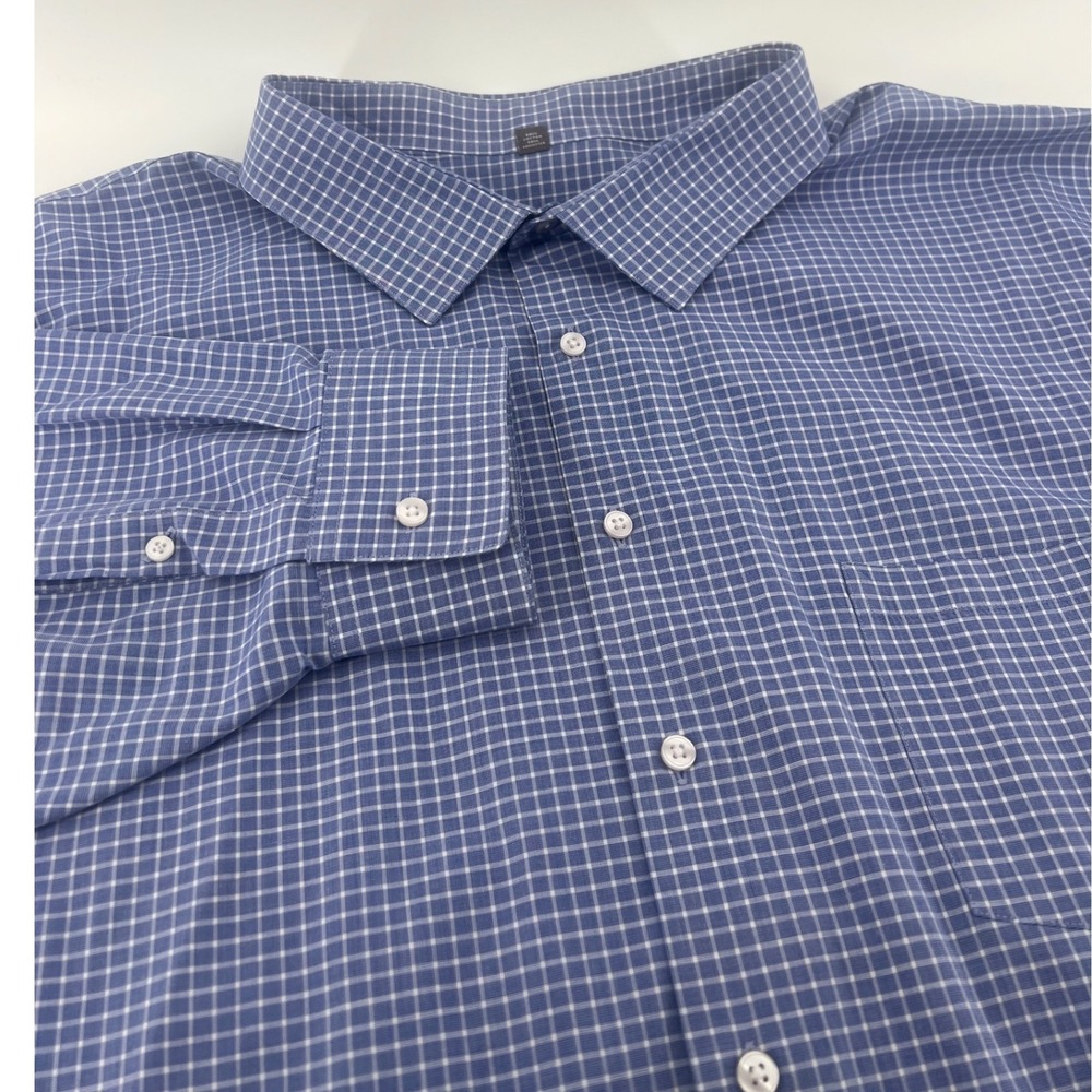 Geoffrey Beene Mens Big 22 34/35 Blue White Check Wrinkle Free Button Down Shirt
